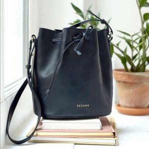 Sézane Navy Leather Drawstring Bucket Bag